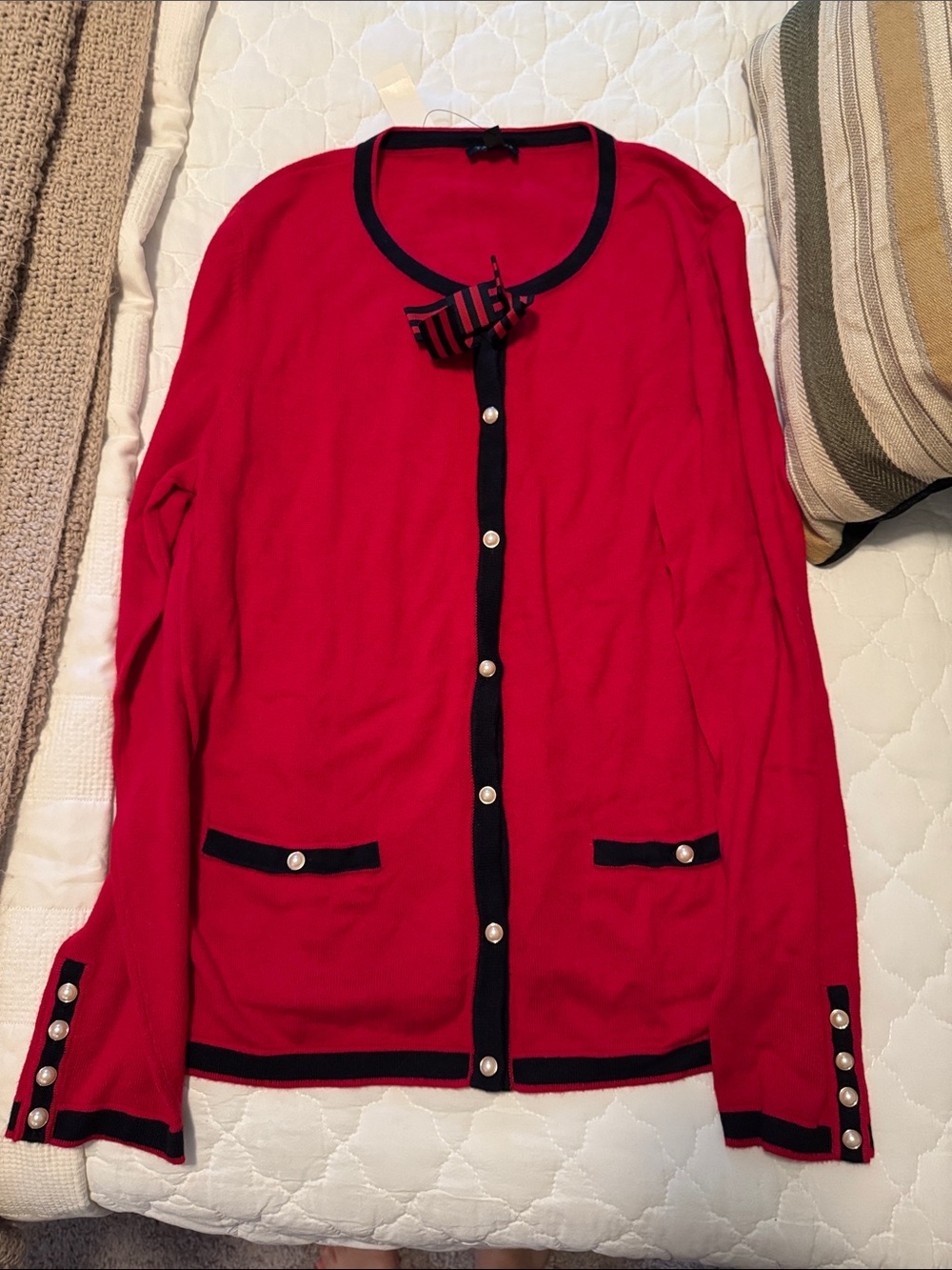 Talbots Red Cardigan with Navy Trim and Bow Accent